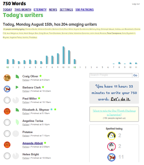 user profile on 750words.com 